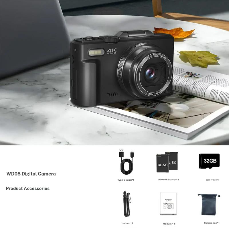 4K Digital Camera for Photography with 64MP, 3 Inch 180° Flip Screen, 18X Digital Zoom, 32GB Micro SD Card, 2 Batteries, Ideal for Gift