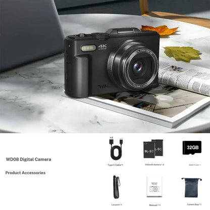 4K Digital Camera for Photography with 64MP, 3 Inch 180° Flip Screen, 18X Digital Zoom, 32GB Micro SD Card, 2 Batteries, Ideal for Gift
