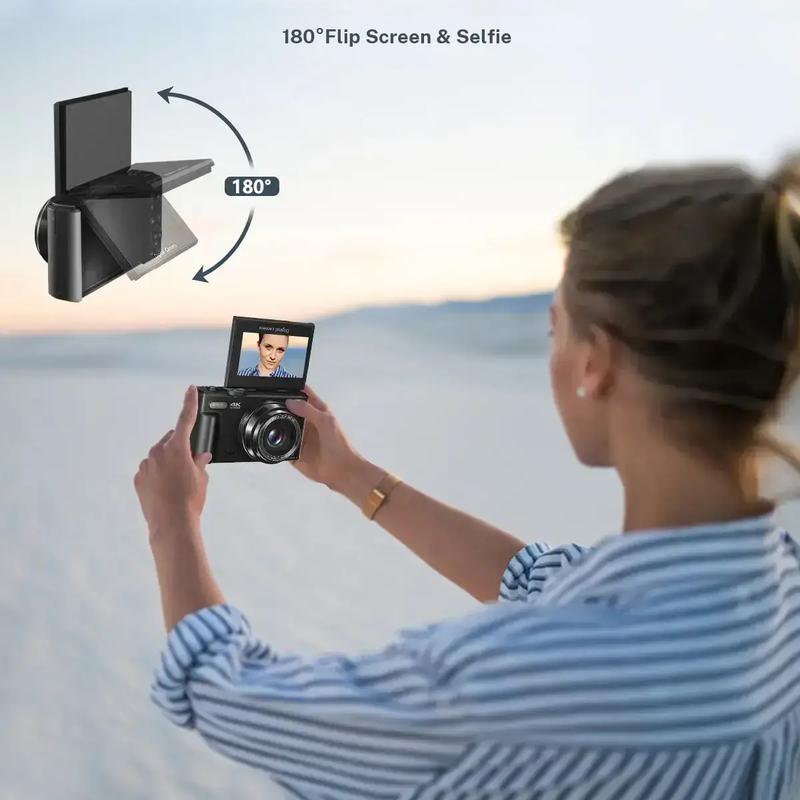4K Digital Camera for Photography with 64MP, 3 Inch 180° Flip Screen, 18X Digital Zoom, 32GB Micro SD Card, 2 Batteries, Ideal for Gift