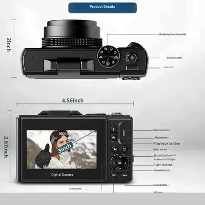 4K Digital Camera for Photography with 64MP, 3 Inch 180° Flip Screen, 18X Digital Zoom, 32GB Micro SD Card, 2 Batteries, Ideal for Gift