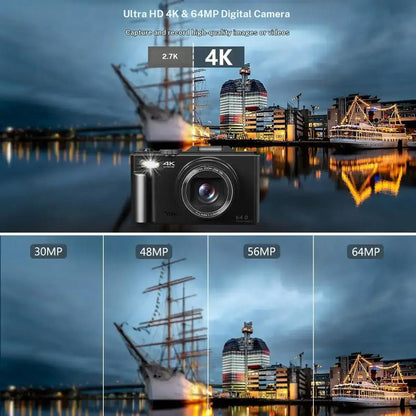 4K Digital Camera for Photography with 64MP, 3 Inch 180° Flip Screen, 18X Digital Zoom, 32GB Micro SD Card, 2 Batteries, Ideal for Gift