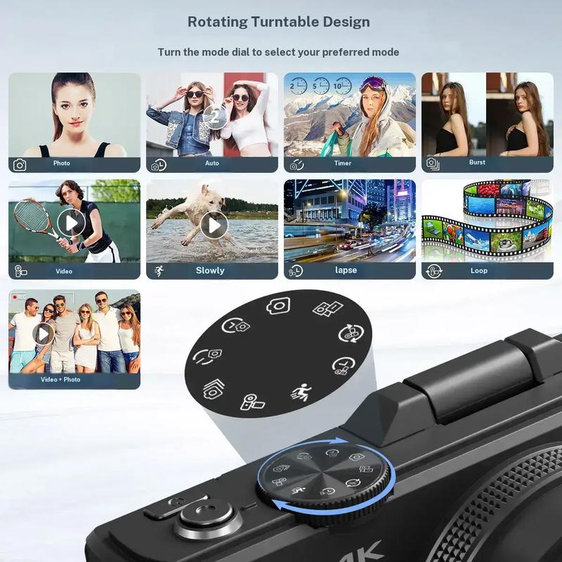4K Digital Camera for Photography with 64MP, 3 Inch 180° Flip Screen, 18X Digital Zoom, 32GB Micro SD Card, 2 Batteries, Ideal for Gift