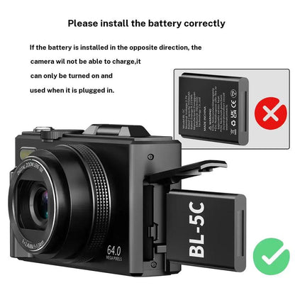 4K Digital Camera for Photography with 64MP, 3 Inch 180° Flip Screen, 18X Digital Zoom, 32GB Micro SD Card, 2 Batteries, Ideal for Gift
